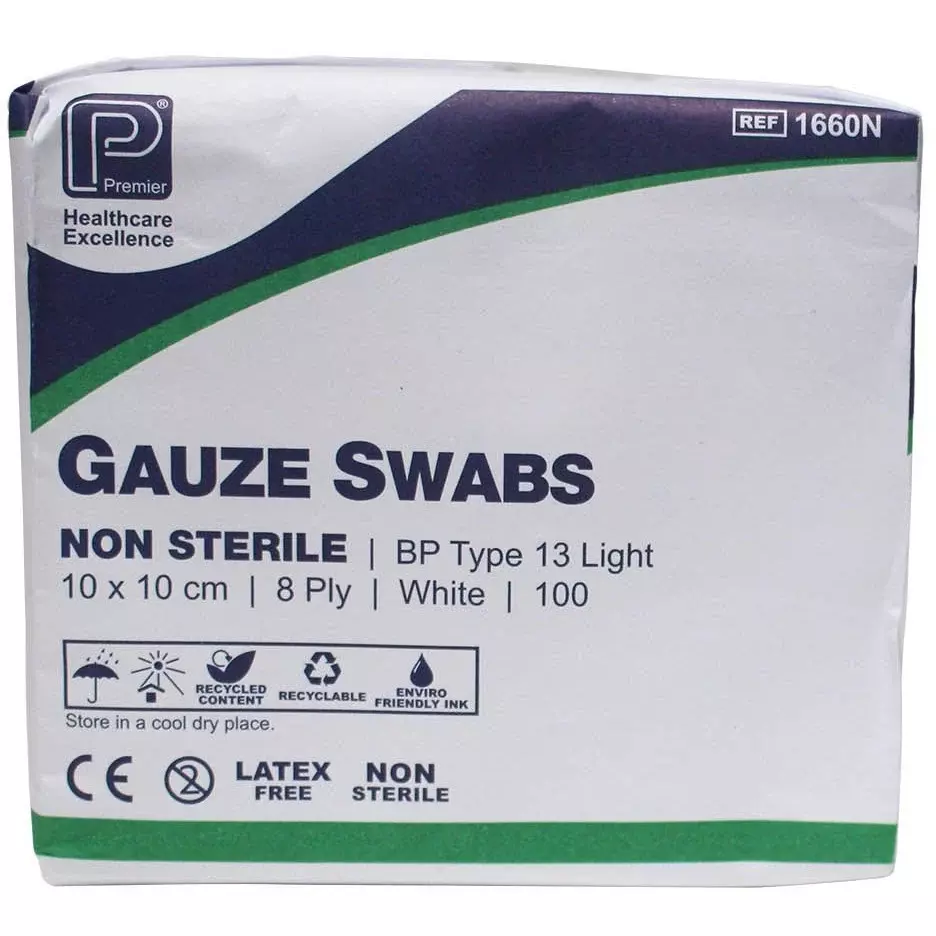 [GAU-NS100-2] Premier Gauze Swabs Non-sterile 8Ply 10 x 10cm (Pack of 100)