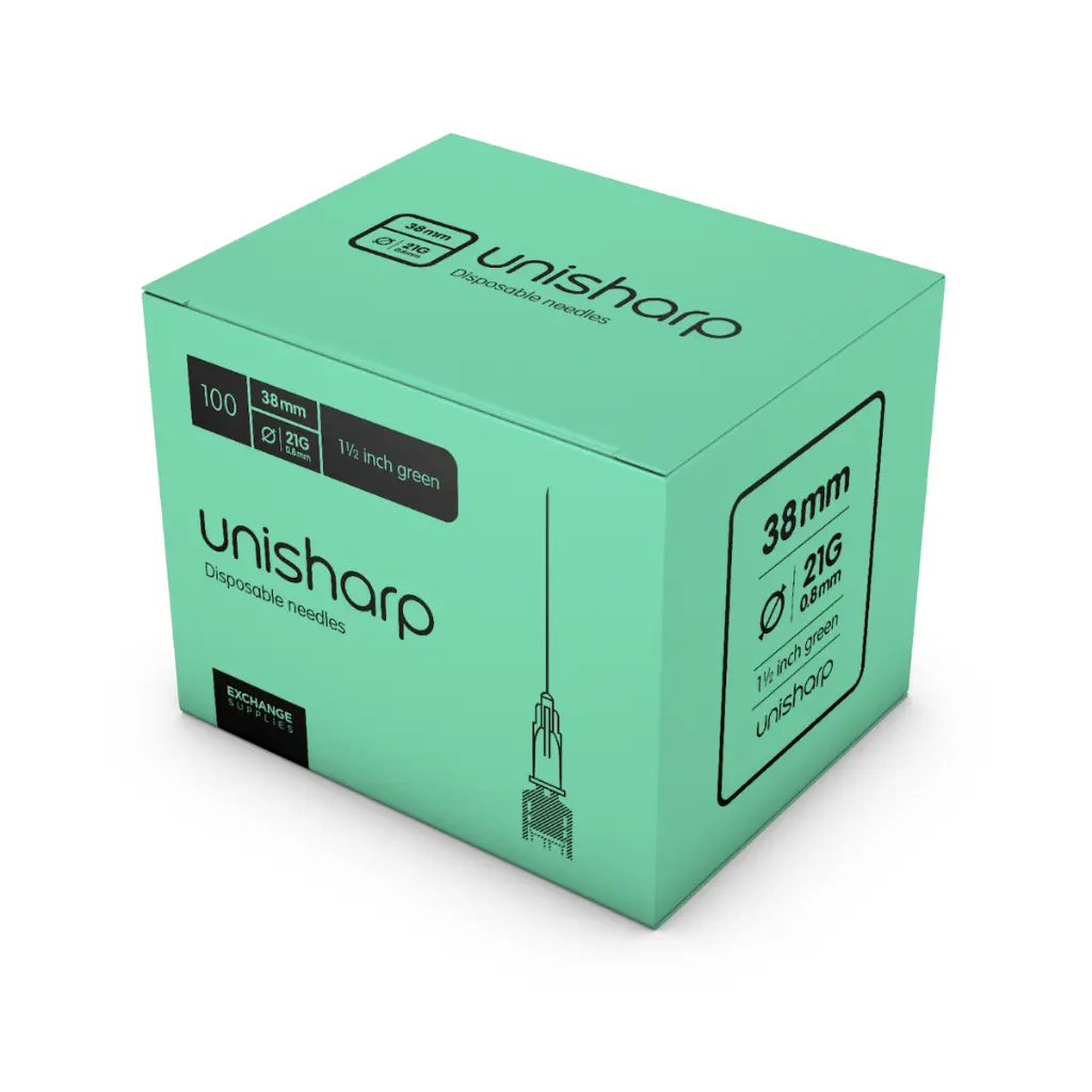 [NDL-HN2115-2] Unisharp Needle Green 21G 1.5" (Pack of 100)