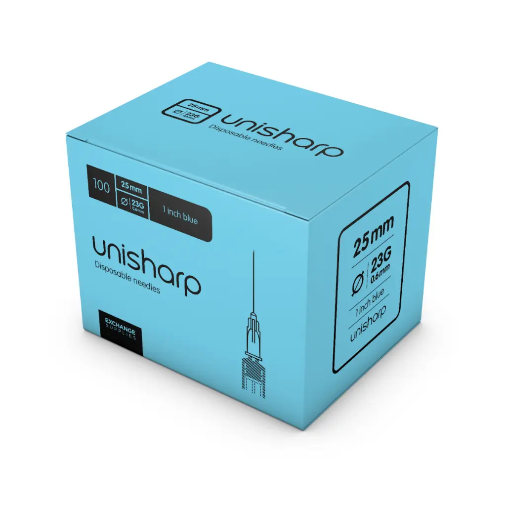 Unisharp Needle Blue 23G 1" (Pack of 100)