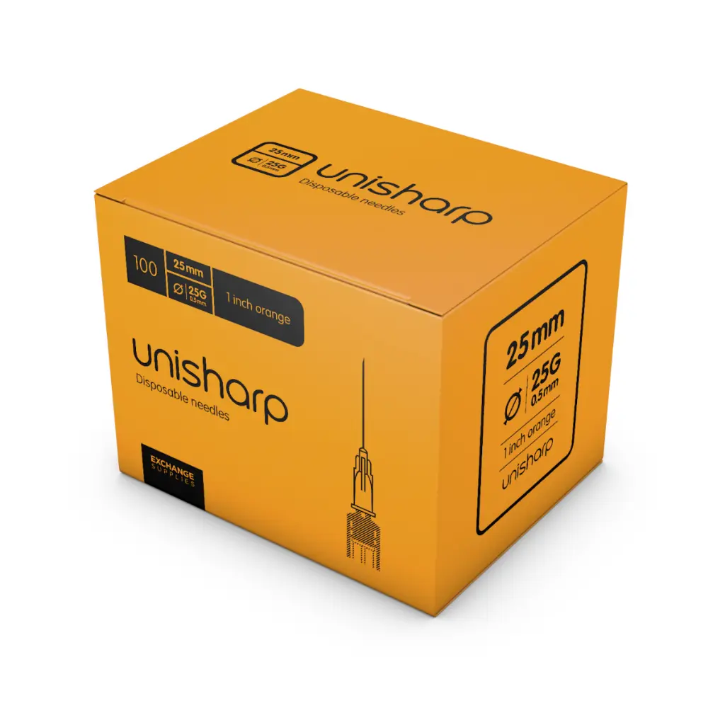 Unisharp Needle Orange 25G 1" (Pack of 100)