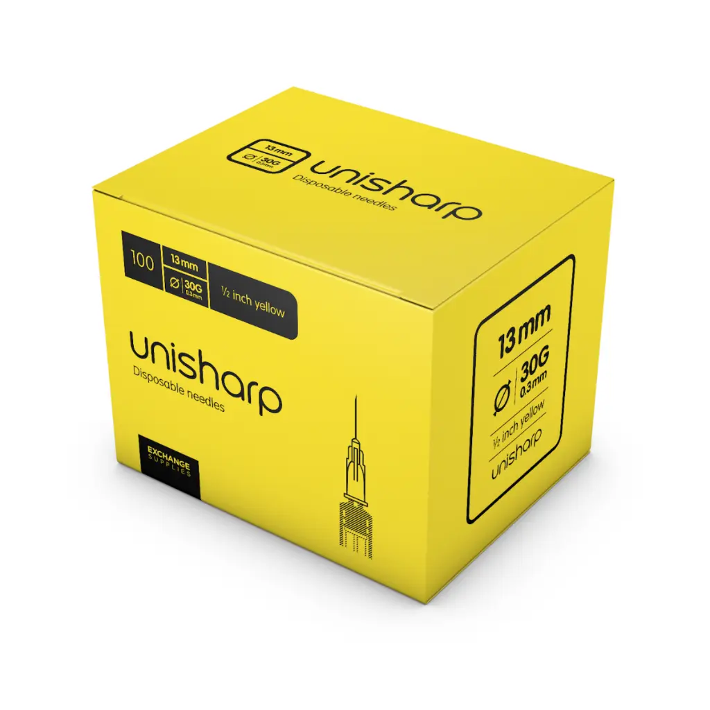 [NDL-HN3005-2] Unisharp Needle Yellow 30G 0.5" (Pack of 100)