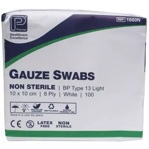 [GAU-NS100-2] Premier Gauze Swabs Non-sterile 8Ply 10 x 10cm (Pack of 100)